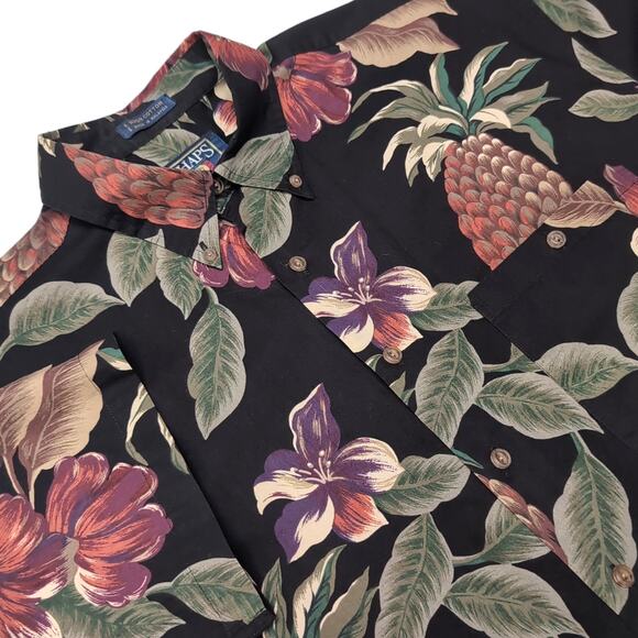 VTG Chaps Ralph Lauren Hawaiian Shirt Mens Size L Black Floral Aloha Button Down - Picture 1 of 13